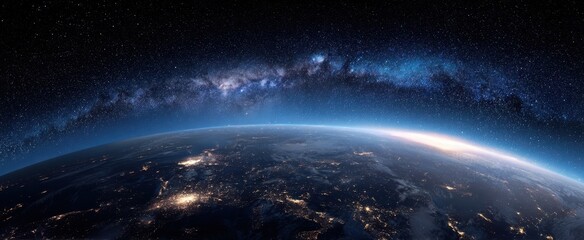 The stunning view of Earth illuminated under the Milky Way galaxy in space.