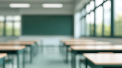 Bright classroom with beautiful blurred background and panoramic windows in airy atmosphere