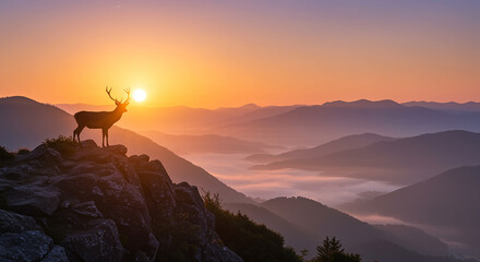 Majestic Sunrise Silhouette: Llama Over Misty Mountains