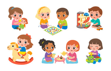 Various happy children engaging in fun indoor play activities, including riding toys, having tea parties, and playing board games, , doll play, and ride-on toys on white background.