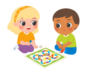 Happy kids playing a colorful board game together, enhancing social and cognitive skills in a fun and engaging way. Perfect for themes of childhood, learning, and friendship.