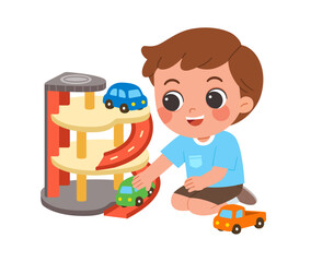 Happy boy playing with toy garage and cars. A cheerful boy in a blue shirt playing with a colorful toy garage and cars. Great for themes of childhood, creativity, and early learning.