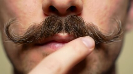 Close-up of a man grooming a styled mustache.