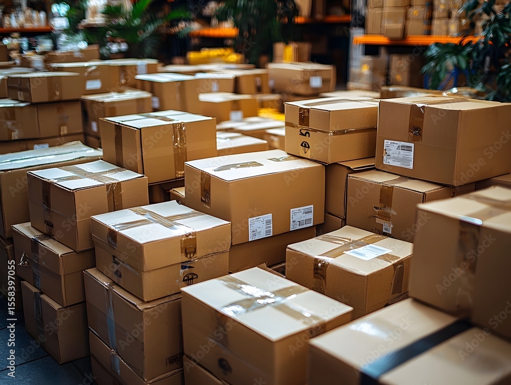 Poster a pile of return packages waiting to be processed representing the reverse logistics of online shopp