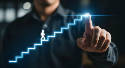 A person's finger points to a glowing, digital stairway with a small figure ascending