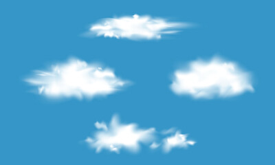 Realistic clouds isolated on blue background. Cloudy sky, cloudscape atmosphere. Smoke, fog, weather elements. Vector