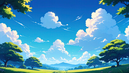 入道雲が浮かぶ爽やかな都市部の夏の空　アニメ風