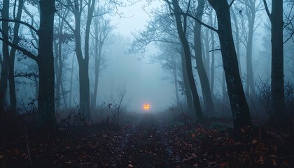 Fototapeta premium Poster, haunted forest, fog, eerie trees