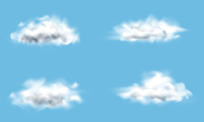 Realistic clouds isolated on blue background. Cloudy sky, cloudscape atmosphere. Smoke, fog, weather elements. Vector