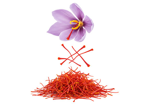 Beautiful purple saffron flower with red stigmas and aromatic spice pile Isolated on transparent background