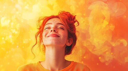 A confident, freckled woman with a joyful expression, embracing her uniqueness 