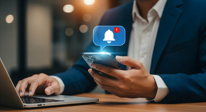 A businessman receives a glowing new message notification bell icon on his smartphone while working in a modern office