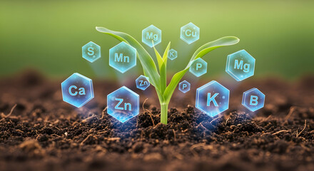 Young sprout emerging from soil, surrounded by glowing chemical elements