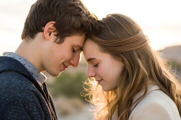 Fototapeta premium Two people share an intimate forehead touch at sunset outdoors, bathed in warm golden light, capturing connection, tenderness and love