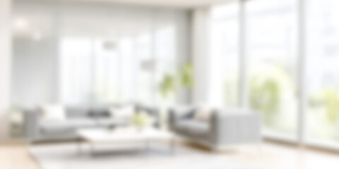 Fototapeta premium Serene living room with grey sofas and large windows creating a tranquil atmosphere