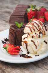 Strawberry Dessert with Chocolate Brownie and Ice Cream Scoop