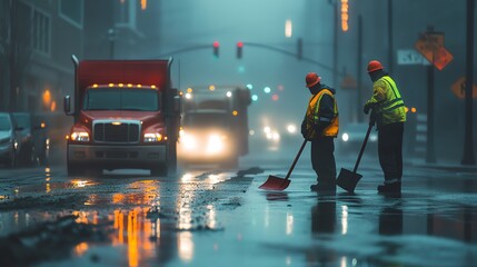 Fototapeta premium Workers clearing street debris in urban setting.
