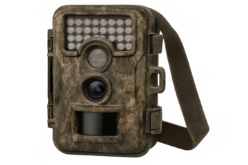 Trail camera with camouflage texture, infrared leds and lens, isolated on transparent background