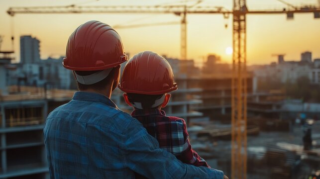 Parent and child observe construction site sunset.