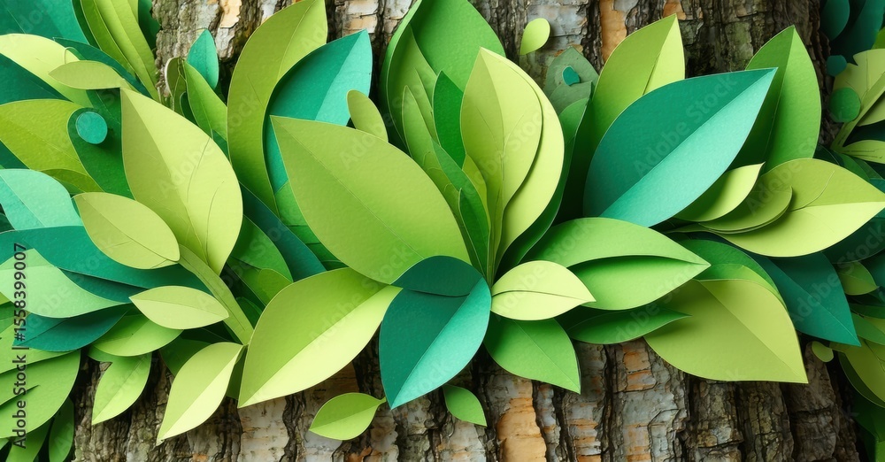 Poster paper leaves sprout from tree trunk. bright greens dominate composition, creating fresh visual impac