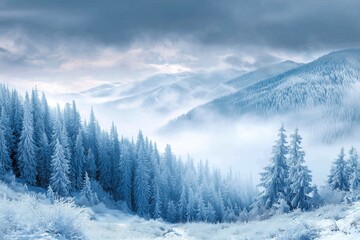 Obraz premium Stunning winter forest landscape with snow-covered trees under a foggy sky. Highly detailed and realistic scene with soft atmosphere, perfect as Christmas background, seasonal wallpaper, or holiday de