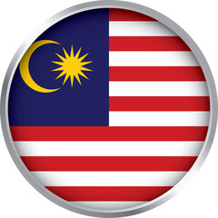 circular icon of malaysia national flag with crescent moon, star, red white stripes and silver border


