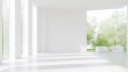 Fototapeta premium Modern interior space with large windows and a bright garden view in minimalist design