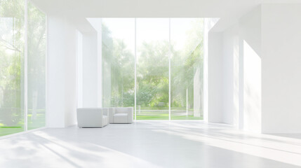 Fototapeta premium Elegant minimalist interior design with large windows offering a serene garden view