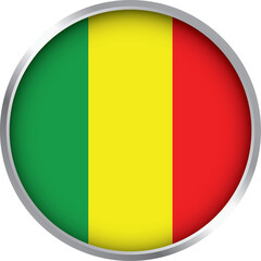 circular icon of mali national flag with vertical green yellow red stripes and metallic silver border design

