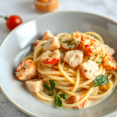 Close-up of a bowl of spaghetti with shrimp and scallops, garnished with basil and parsley.