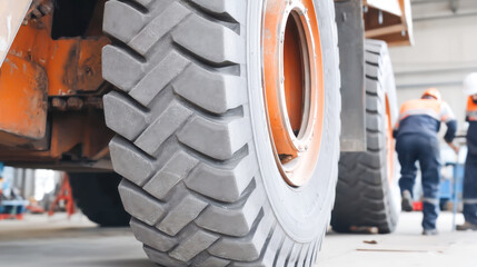 Replacing tires on mining dump car in industrial garage for maintenance service