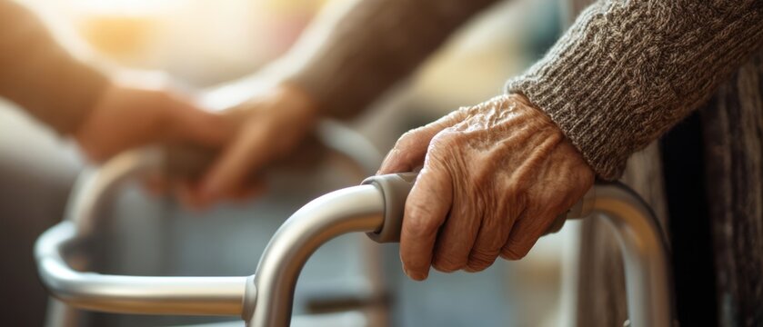 The support of hands guiding an elderly person with a walker.