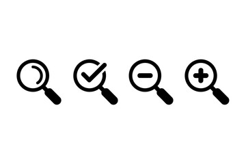 Assorted magnifying glass icons with symbols inside