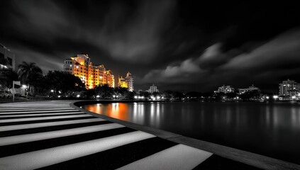 City Lights Reflect on Still Water Scene