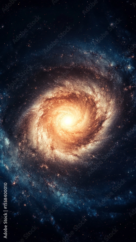 Poster bright spiral galaxy rotating in the vastness of deep space, surrounded by countless stars, nebulae,