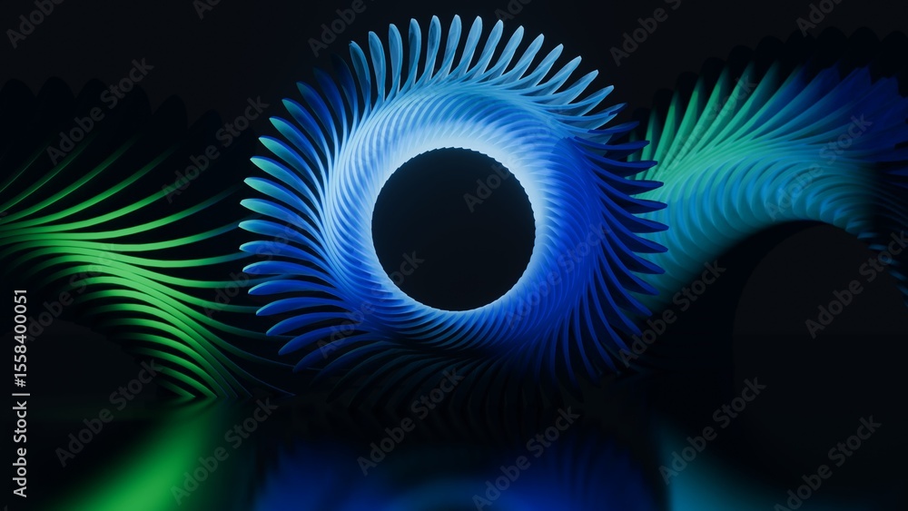 Poster cool neon blue abstract backgriund with a wheel in the center of the scene. 3d rendering of circle w