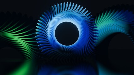 Cool neon blue abstract backgriund with a wheel in the center of the scene. 3D rendering of circle waves with blue green gradient and blurred effect.