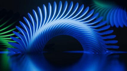 Abstract  background of blue green gradient wheel in shades. 3D rendering of neon blue tires symbol, cool art