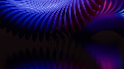 Cool modern dark abstract background of blurred graphics of blue and purple gradient spiral waves in shades. 3D rendering of blue lines with neon bright light reflections. Free space for your text