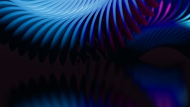 Cool modern dark abstract background of blurred graphics of blue and pink gradient spiral waves in shades. 3D rendering of blue lines with neon bright light reflections. Copy space for your text