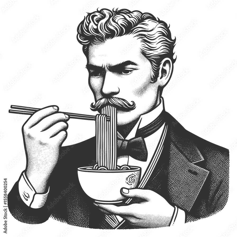 Aufkleber man in formal victorian attire using chopsticks to eat a bowl of noodles sketch engraving generative