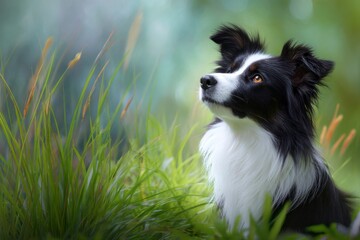 A black and white Border Collie sits in tall grass gazing upward with bright amber eyes against a blurred green background