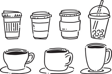 Coffee Cup Line Art Vector | Hand-Drawn Mug and Takeaway Cup Icons, Minimal Café Drink Illustrations


