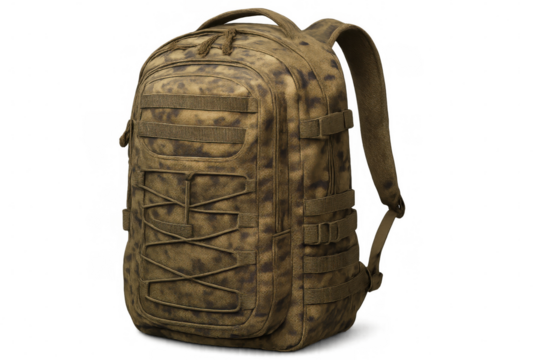 Studio shot of a large camouflage tactical backpack with adjustable straps and multiple compartments, isolated on a transparent background