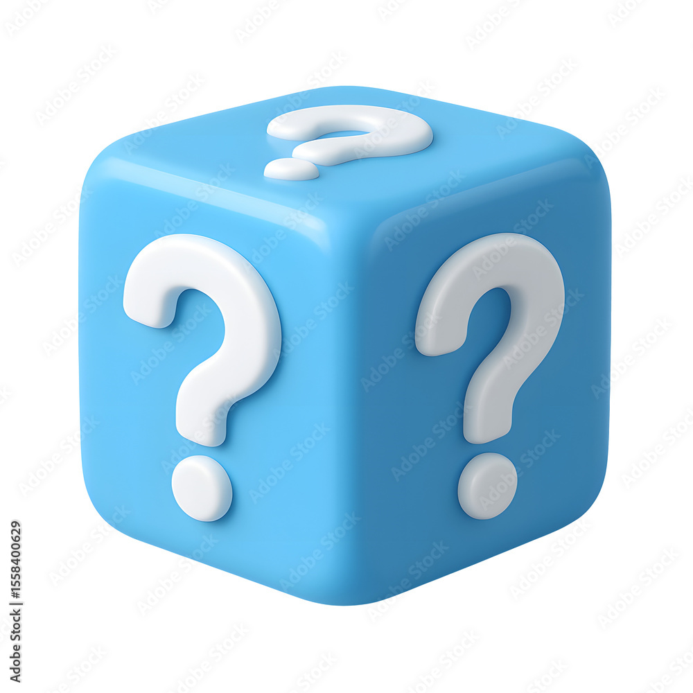 Poster 3d blue cube with white question mark icon isolated on transparent background