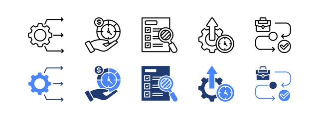 Productivity management icon set with Resource allocation, Time allocation, Transparency, Productivity, Workflow.