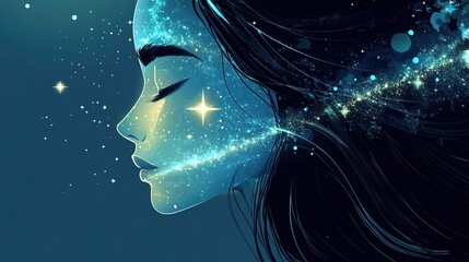A celestial goddess with shimmering cosmic skin, glowing like the stars