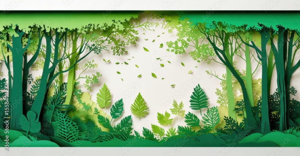 Poster Papercraft forest scene. Lush greenery dominates, creating depth. Light filters through trees, evoking tranquility. Detailed foliage adds texture.