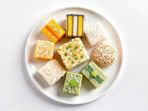 Photo-realistic top view of assorted traditional Malaysian 'Kuih' on a white plate, colorful variety including Kuih Lapis, Onde-onde, and Seri Muka, 