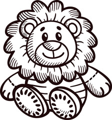 Obraz premium Cute hand drawn lion plush toy illustration with face and fluffy mane, sketch outline isolated on white